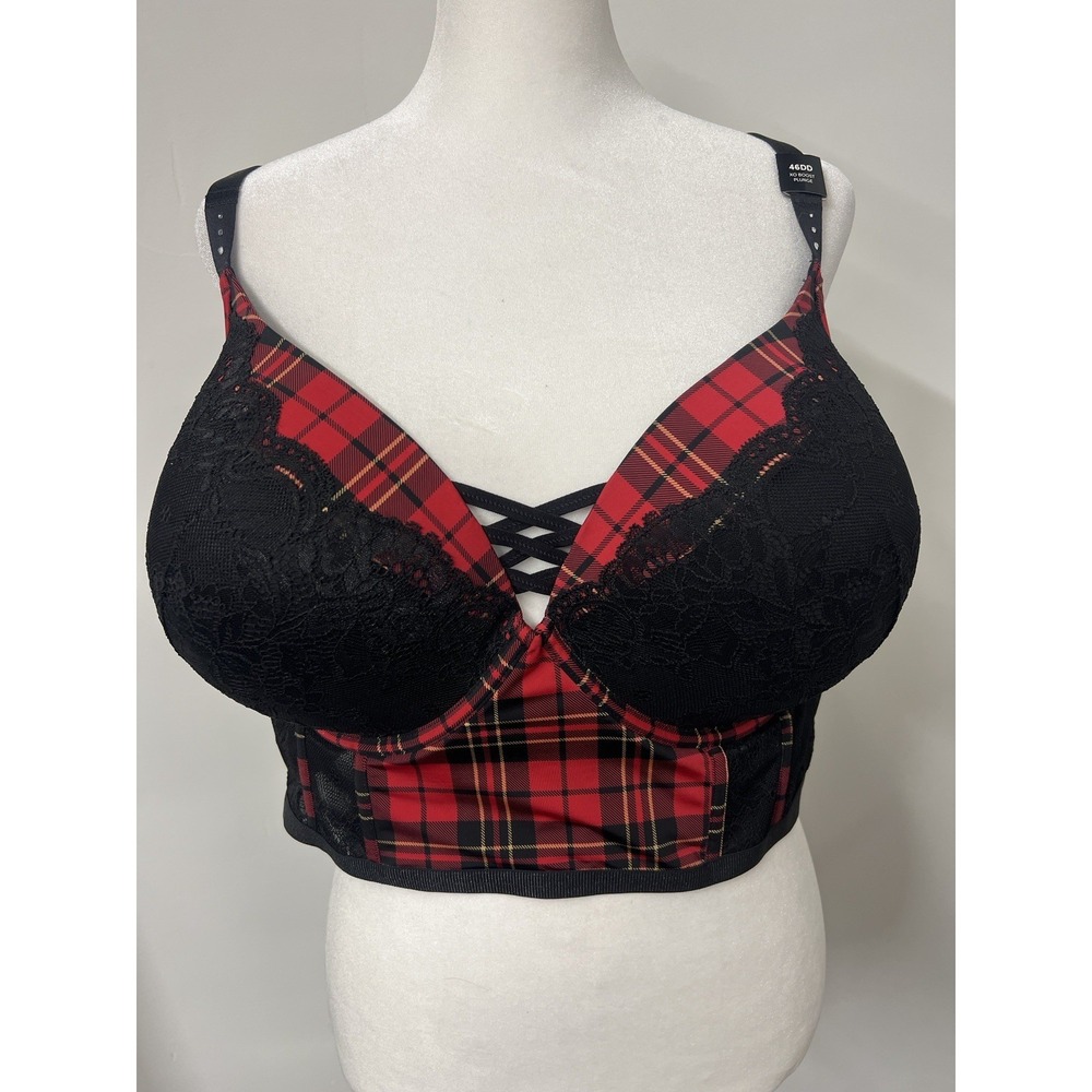 Torrid‎ 46 DD XO Boost Plunge Push-Up Bra Scottish Black Lace & Red Tartan Plaid